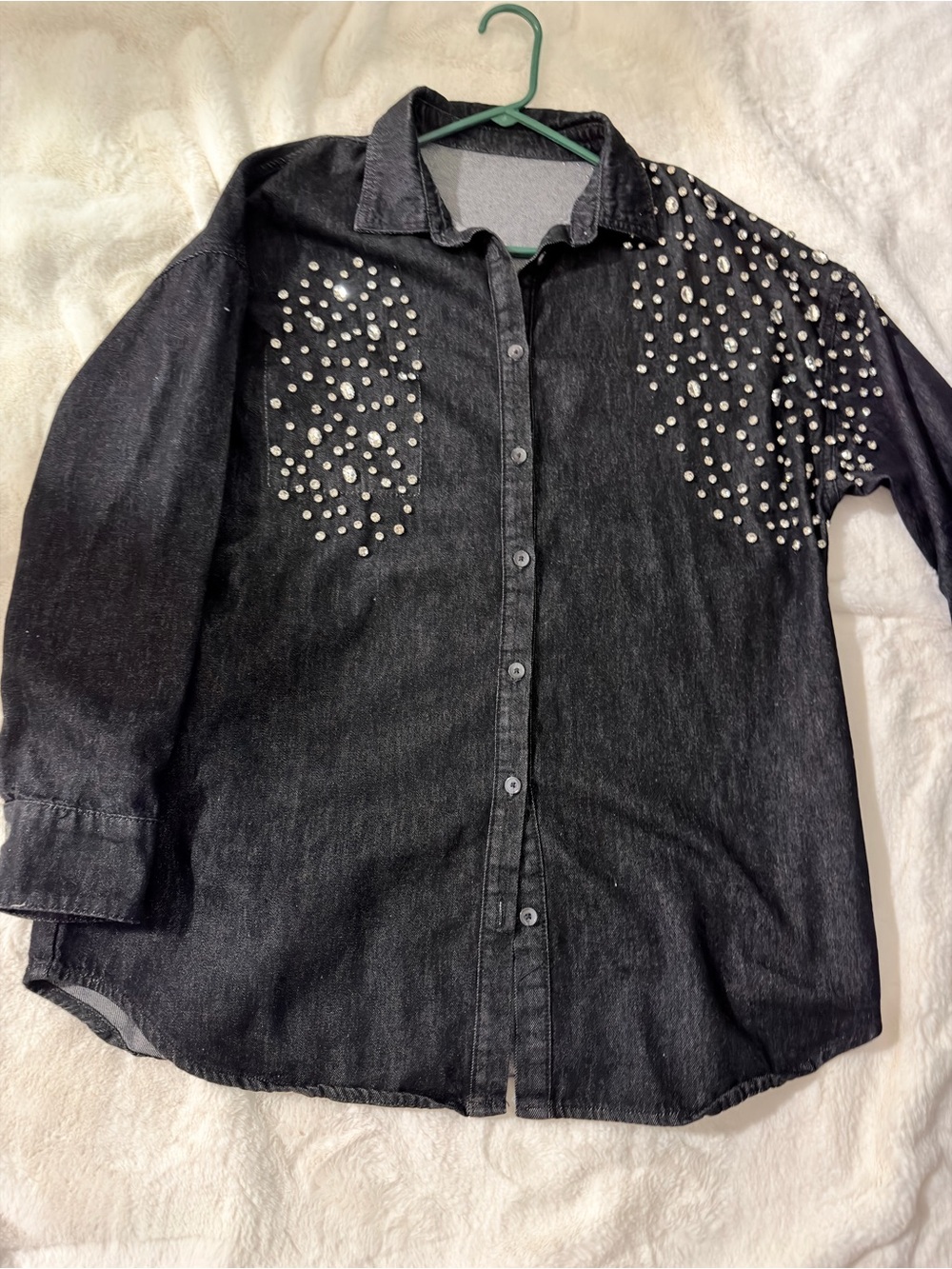 Black Denim Shirt with Pearl Embellishments
